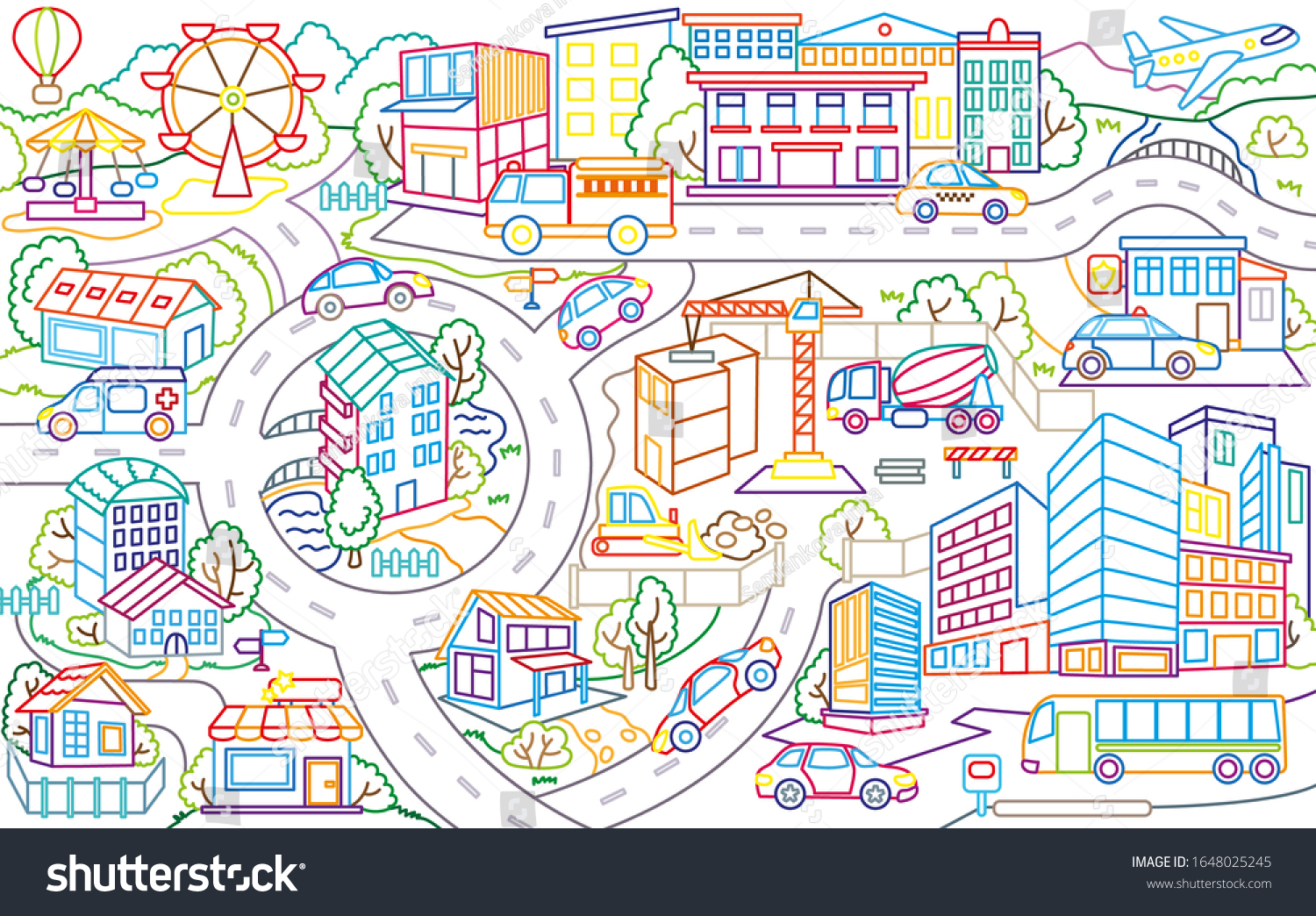 Coloring book city map cars along stock vector royalty free