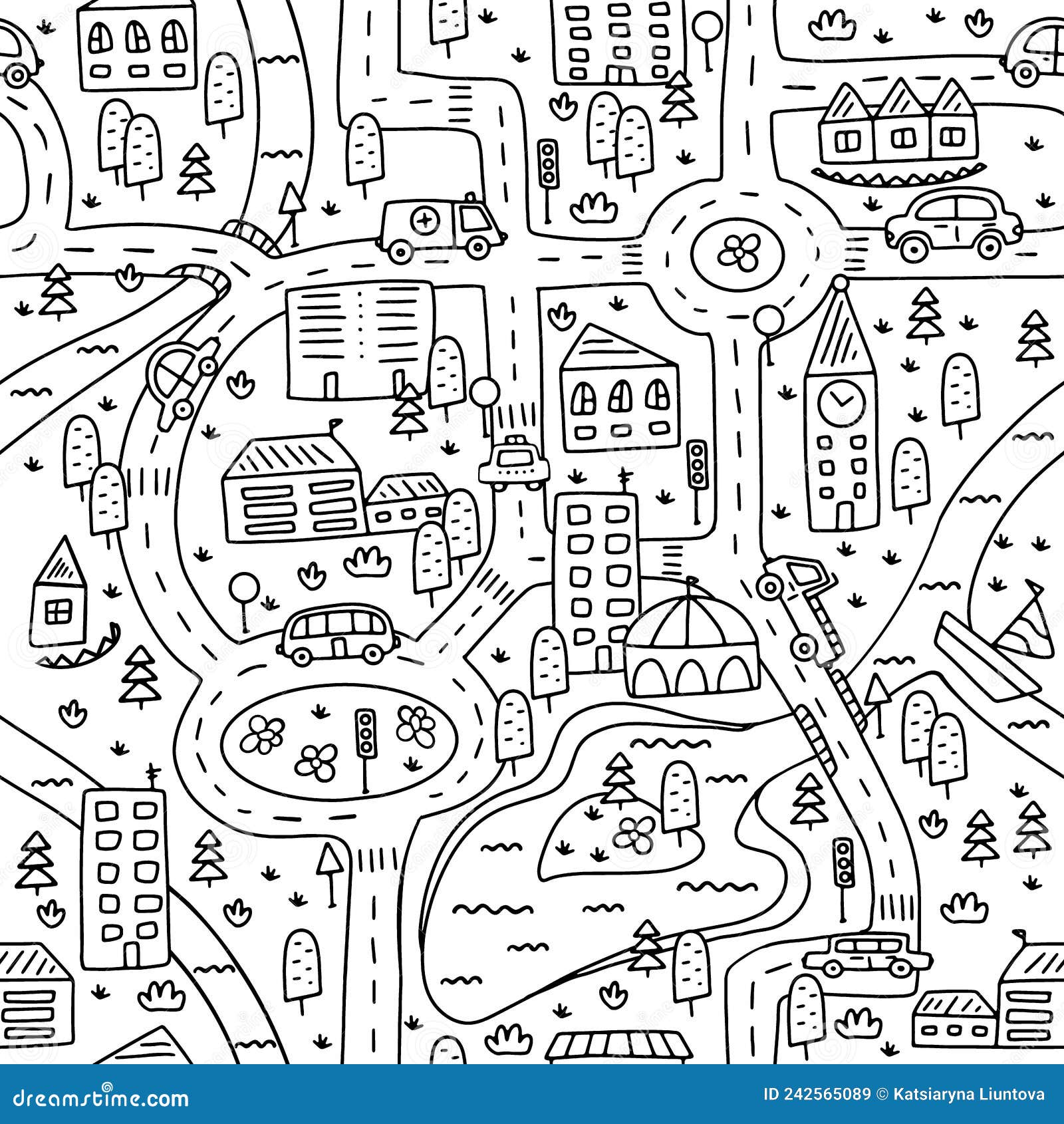 Cute map of a small town with roads cars houses and a river seamless pattern stock vector