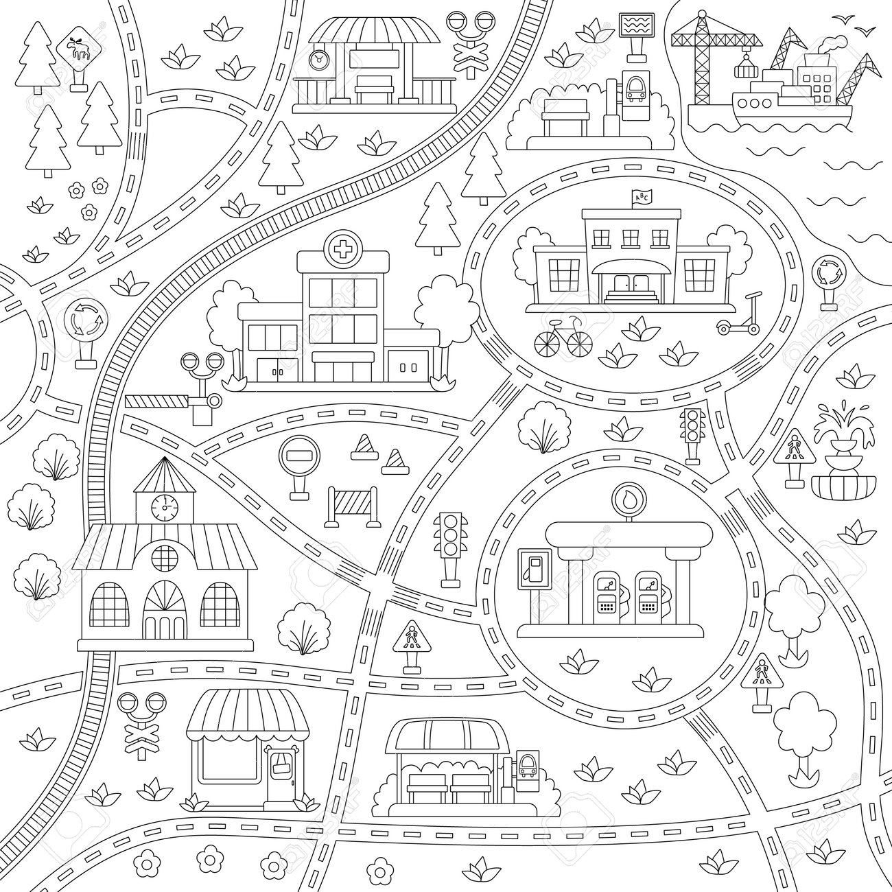 City black and white transport map square line background with railway roads traffic signs for kids vector infographic elements with train cars tram truck urban coloring page royalty free svg cliparts vectors