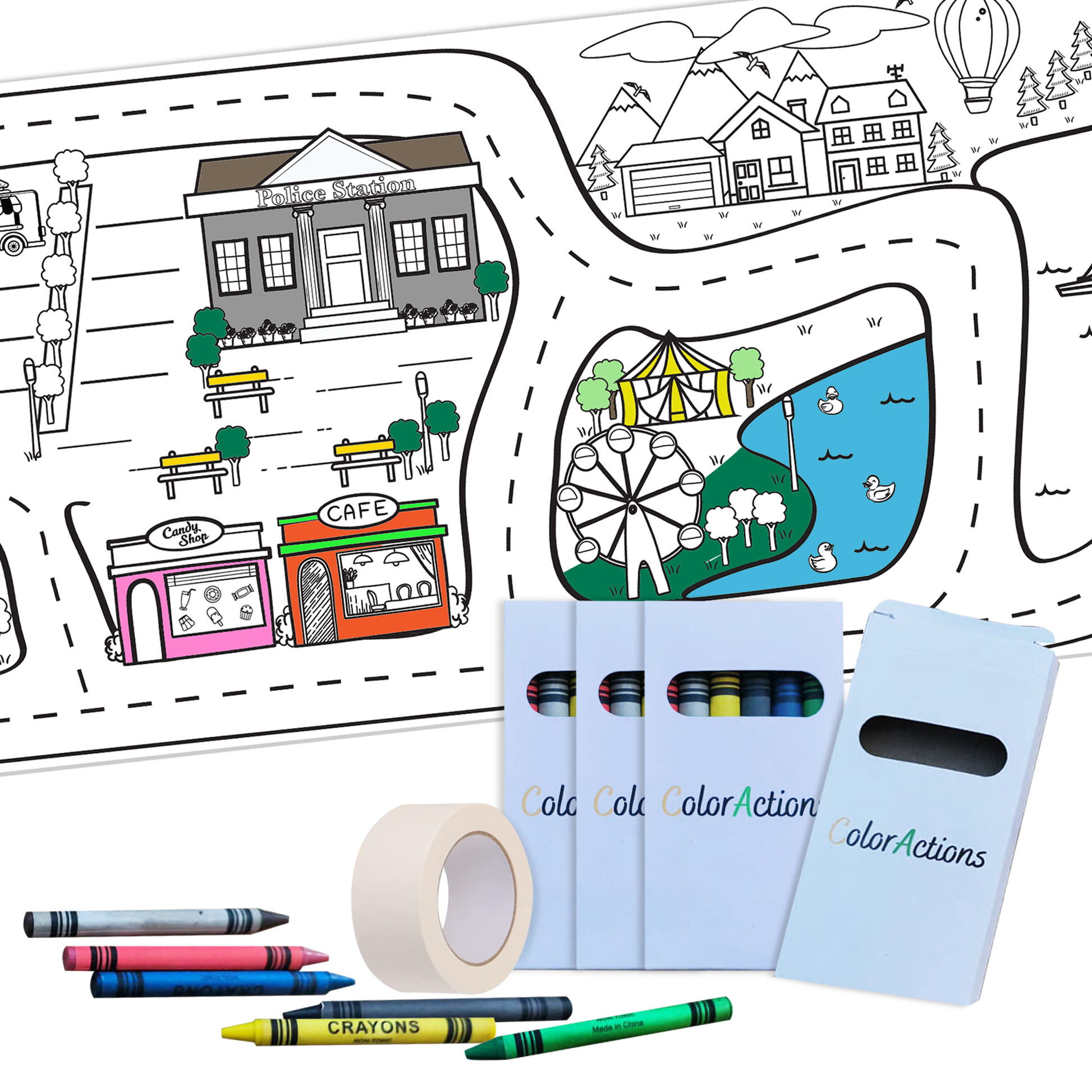 Giant coloring poster color and ride around town town theme