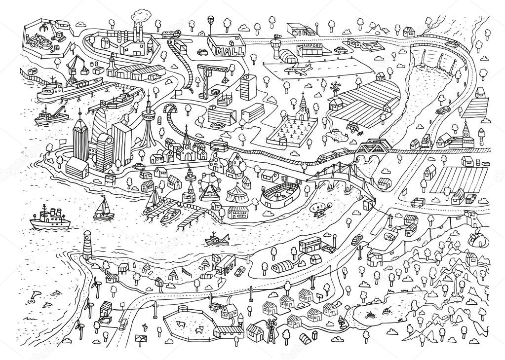 Doodle town map stock vector by wins