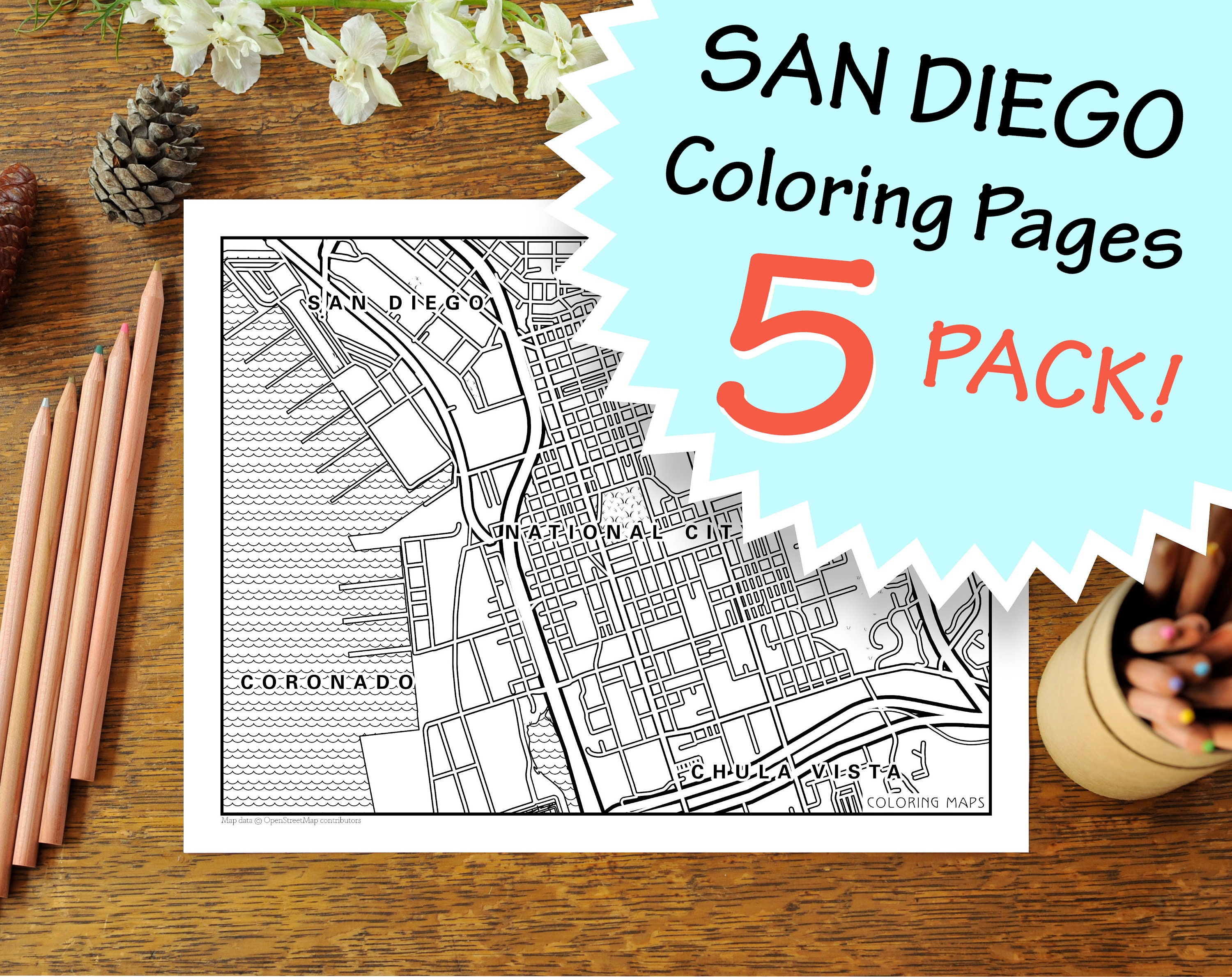 Pack san diego coloring pages for adults street map city maps print digital download