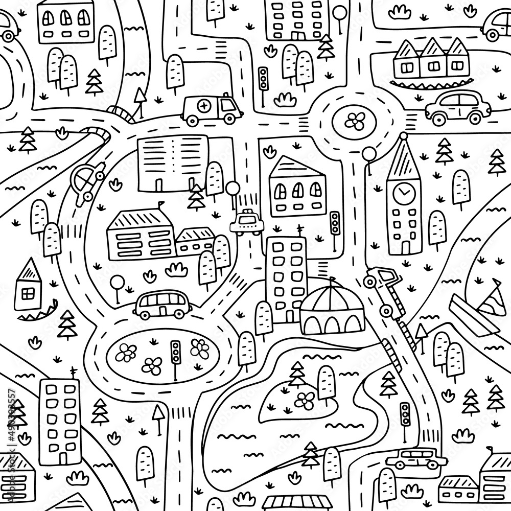 Cute map of a small town with roads cars houses and a river seamless pattern vector