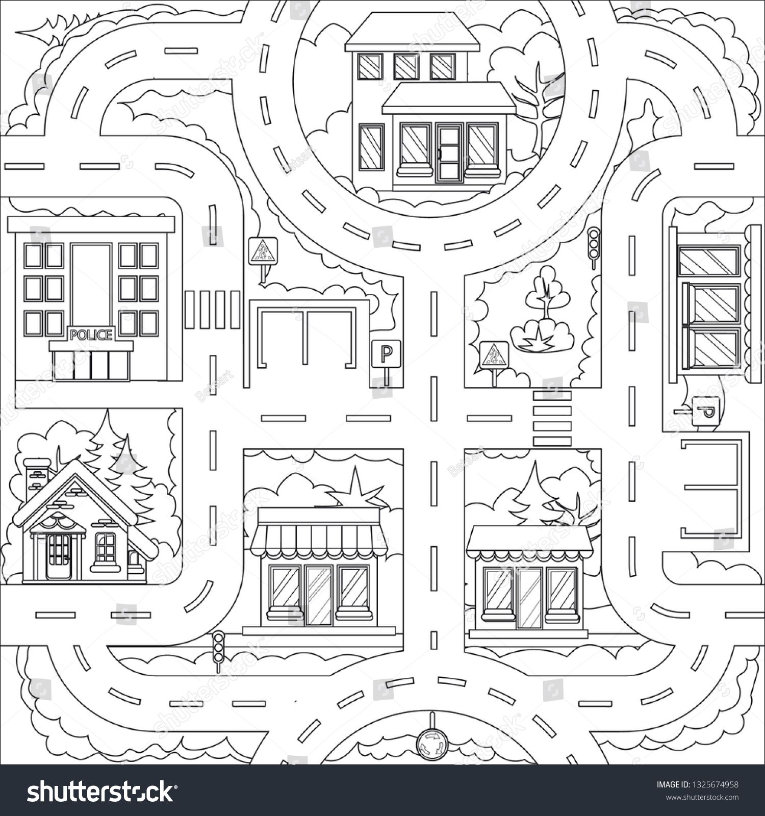 Children coloring with maze city road and building kids labyrinth game and activity page find the right path funny râ art worksheets city worksheets for kids