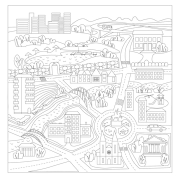 Premium vector coloring book page cartoon road houses and bridge over the river game for children