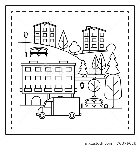 Coloring page with city landscape