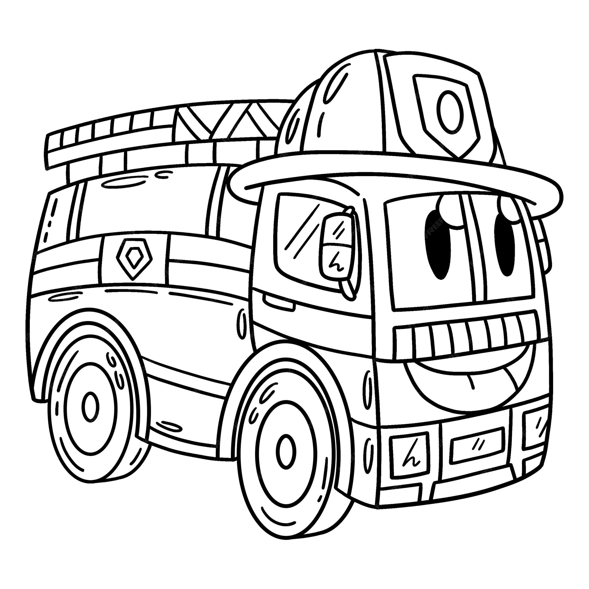 Premium vector a cute and funny coloring page of a firefighter truck toy with a safety hat provides hours of coloring fun for children to color this page is very easy