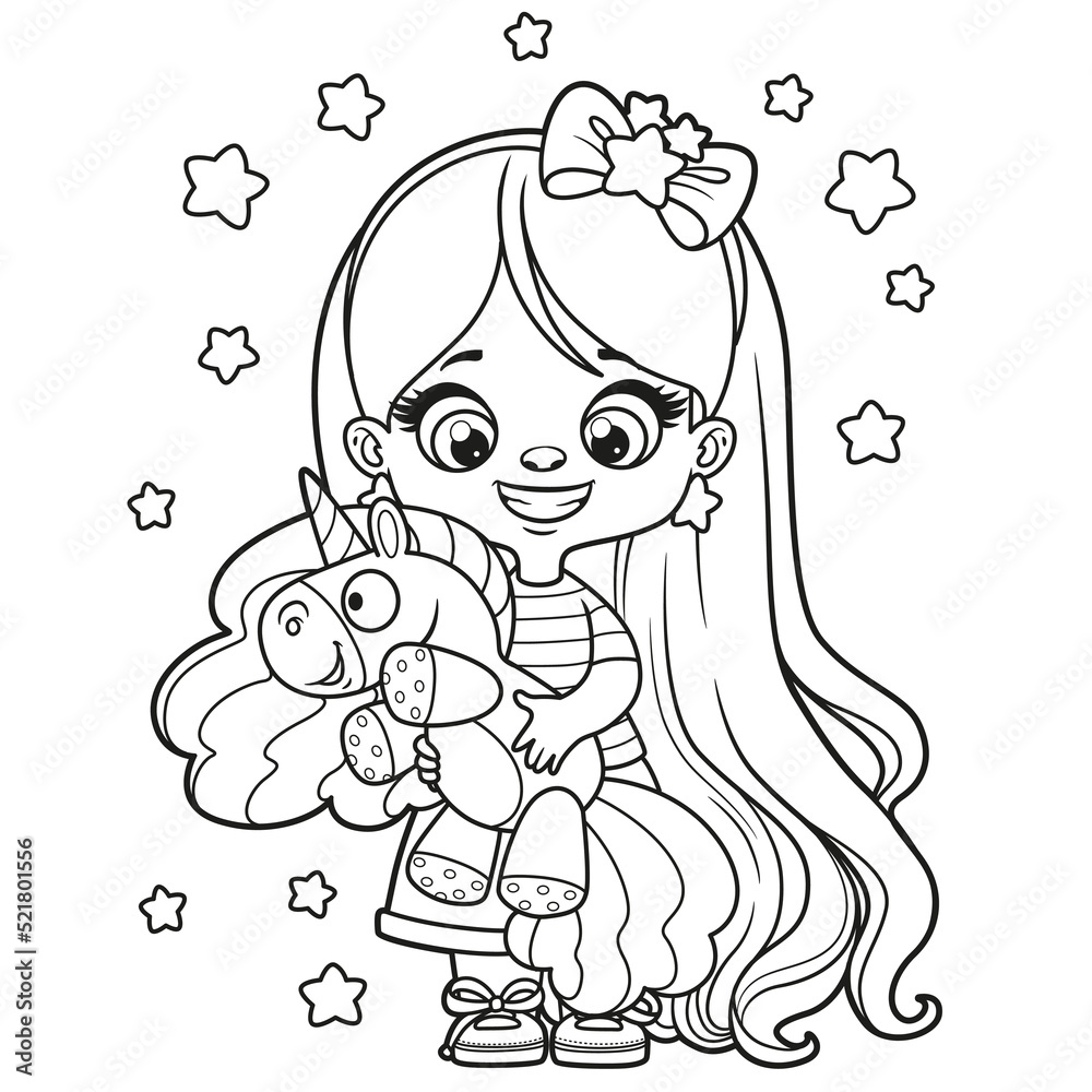 Cute cartoon long haired girl with toy unicorn in hands coloring page on a white background vector