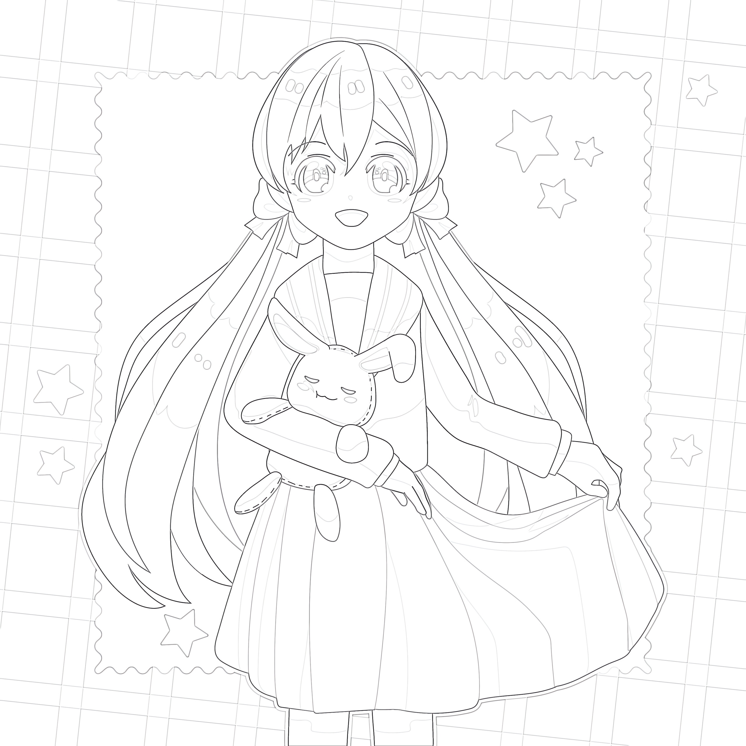 Anime girl with toy rabbit coloring page