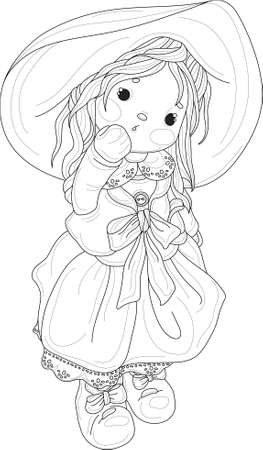 Cute cartoon girl in hat and dress sketch template graphic toy vector illustration in black and white for games background pattern decor childrens story book fairytail coloring paper page