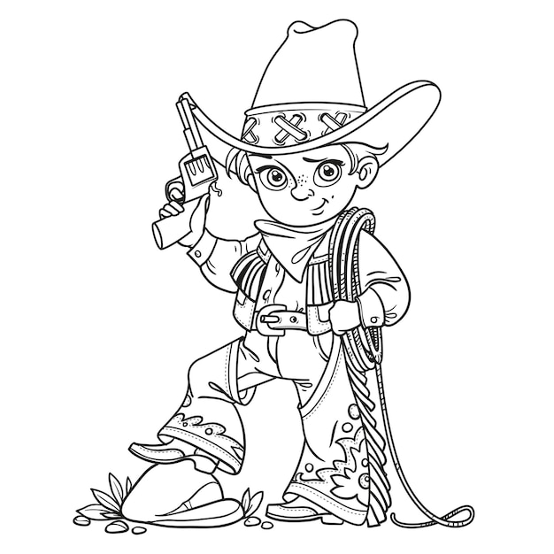 Premium vector cute boy with a gun holds the lasso outlined isolated on a white