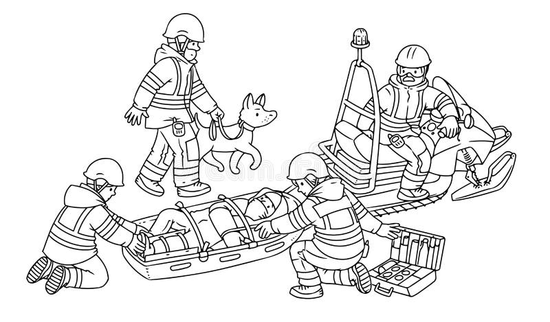 Rescuers snowmobile and rescue sled coloring book stock vector