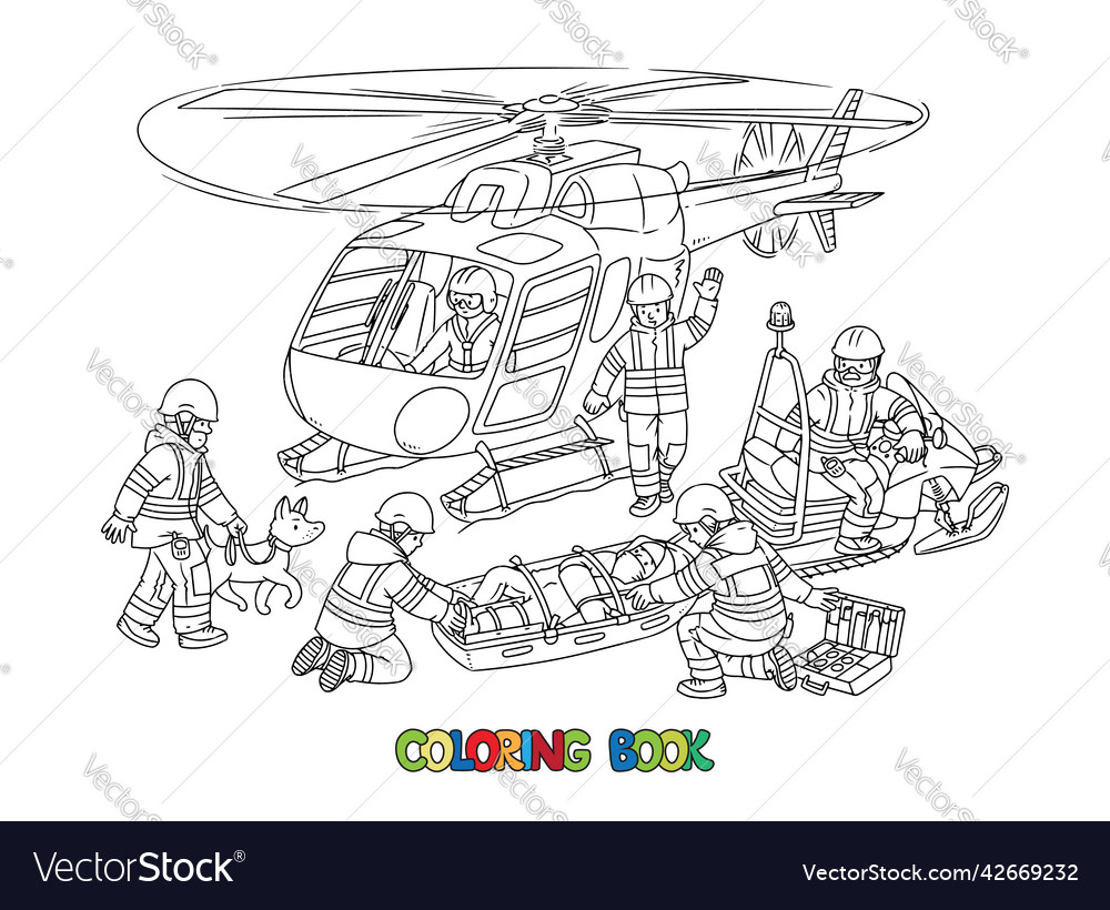 Rescue helicopter near the rescuers coloring book vector image