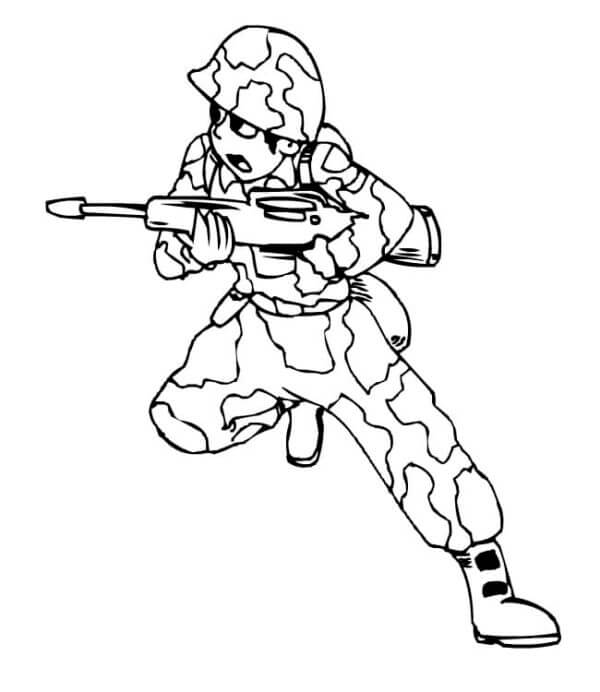 Little soldier holds a gun coloring page