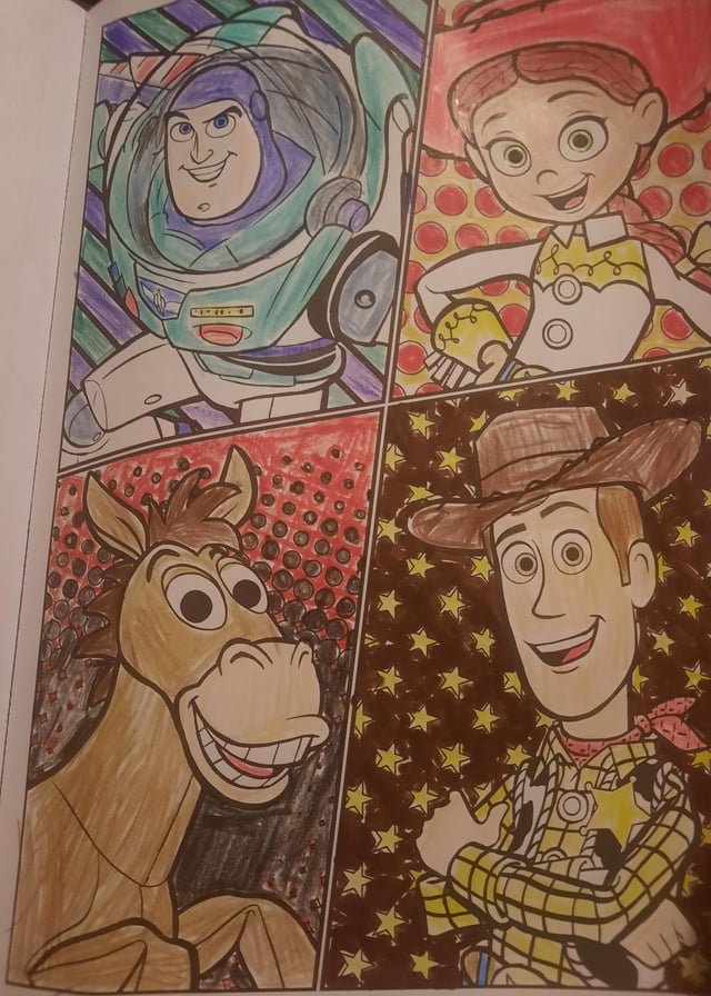 Just got done coloring a toy story picture from the pixar advance coloring book rpixar