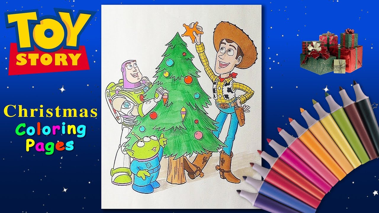 Toystory christmas coloring pages forkids buzz lightyear and woody decorate the christmas tree