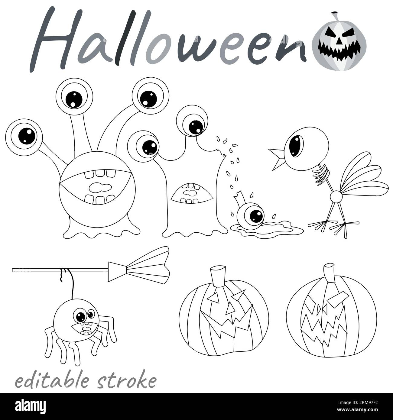 Happy halloween set of pumpkins monsters birds and spiders halloween coloring page black and white outline fantasy cartoons for coloring book stock vector image art