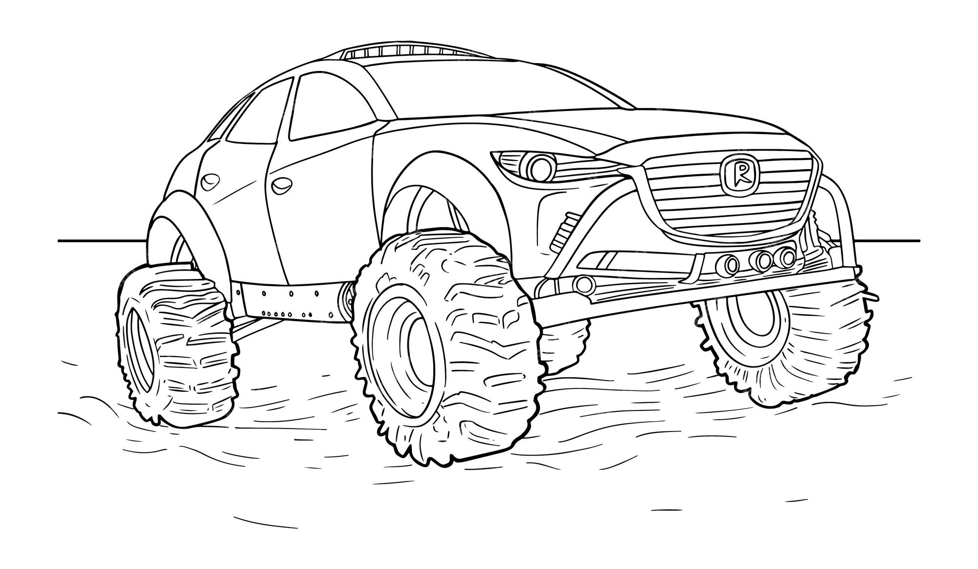 Premium vector hand drawn monster truck coloring page for kids a drawing of a toyota trax with a wd on the front