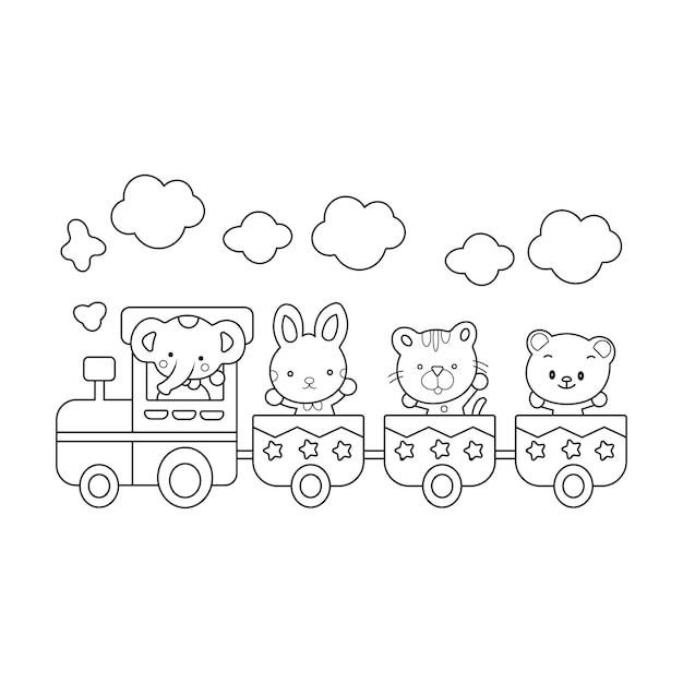 Premium vector happy little animal playing and traveling on a colorful toy train kids coloring book