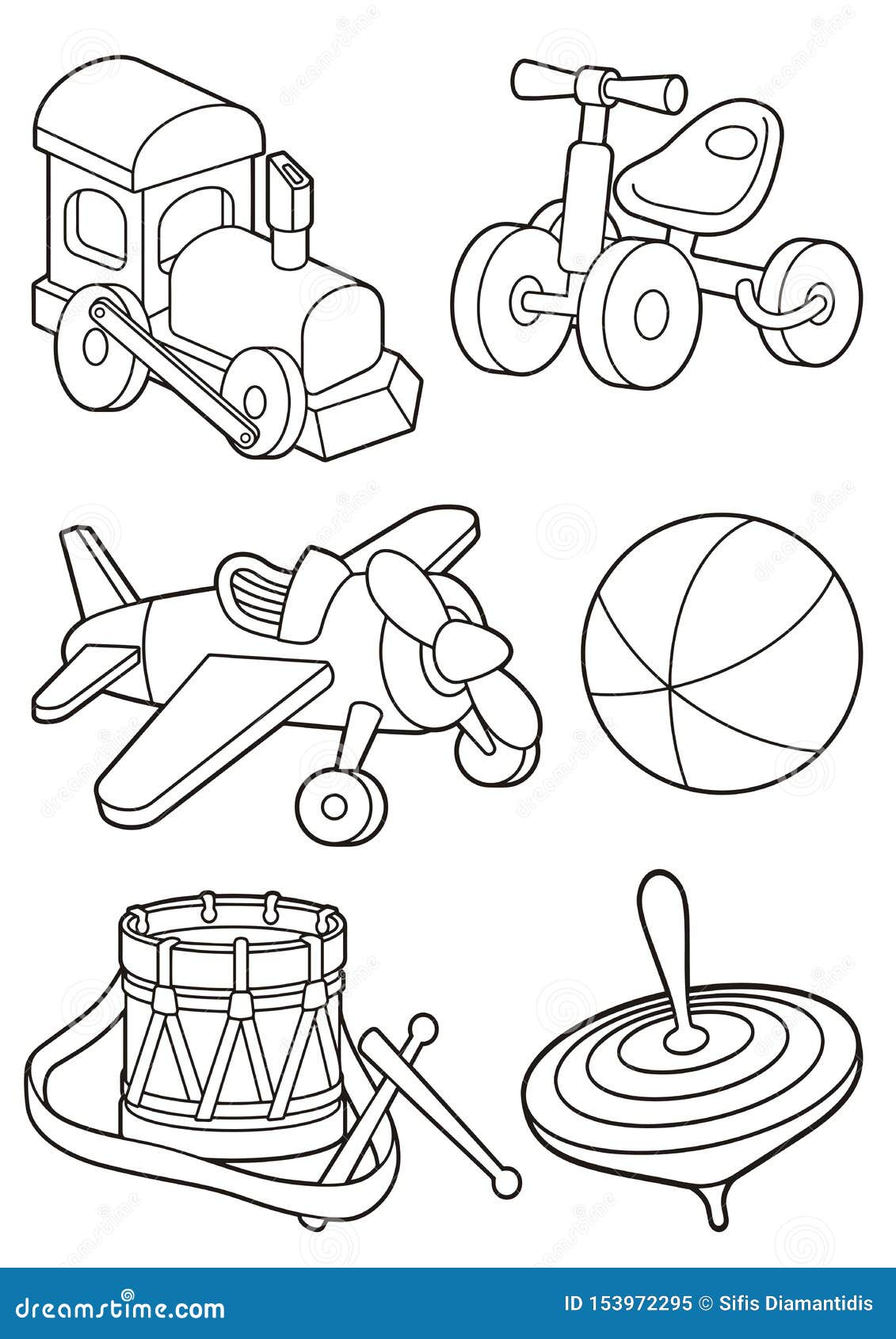 Toys icons coloring book page stock vector