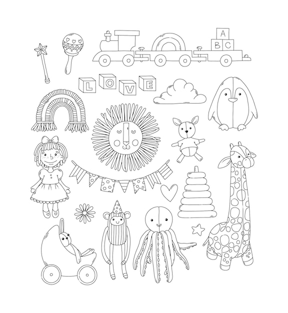 Premium vector children toys coloring page black contour