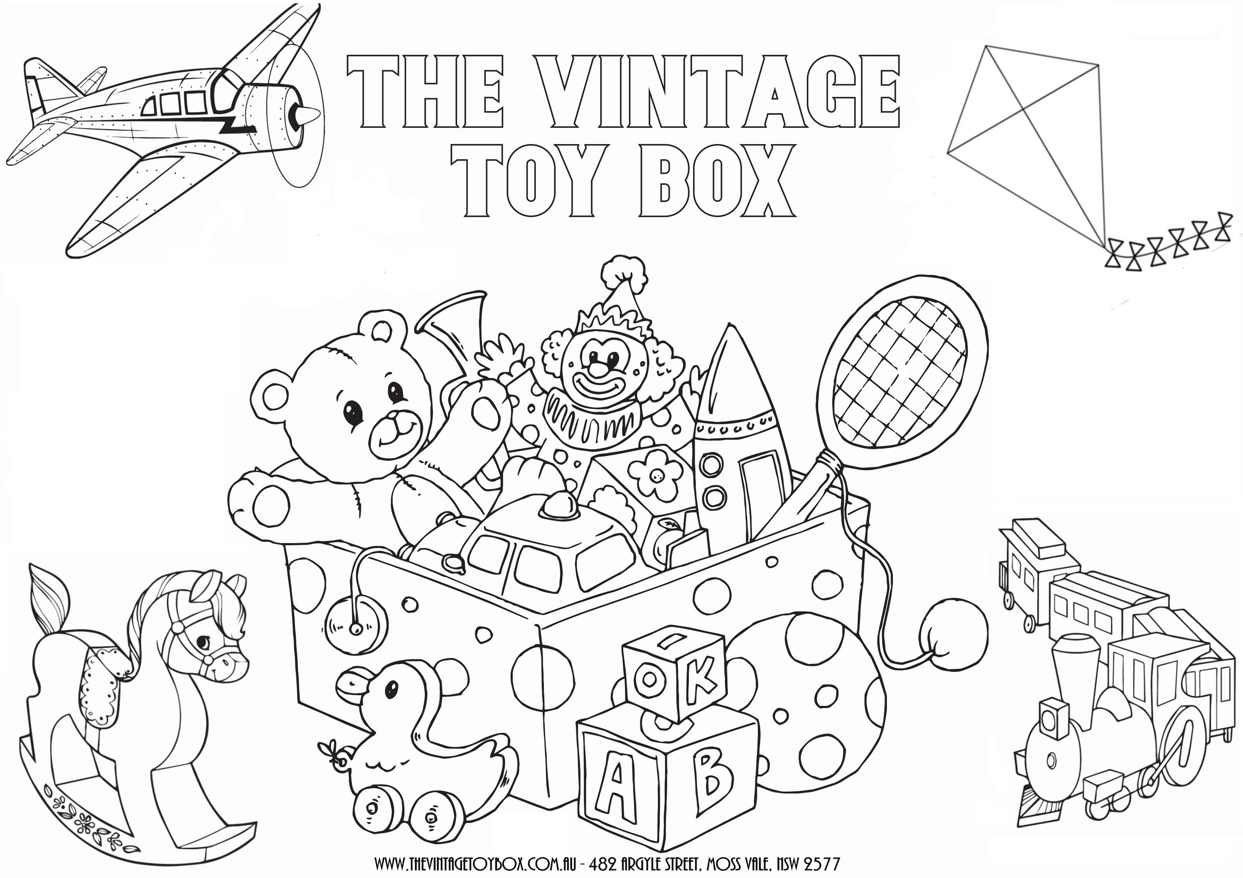 Vintage toy box colouring page