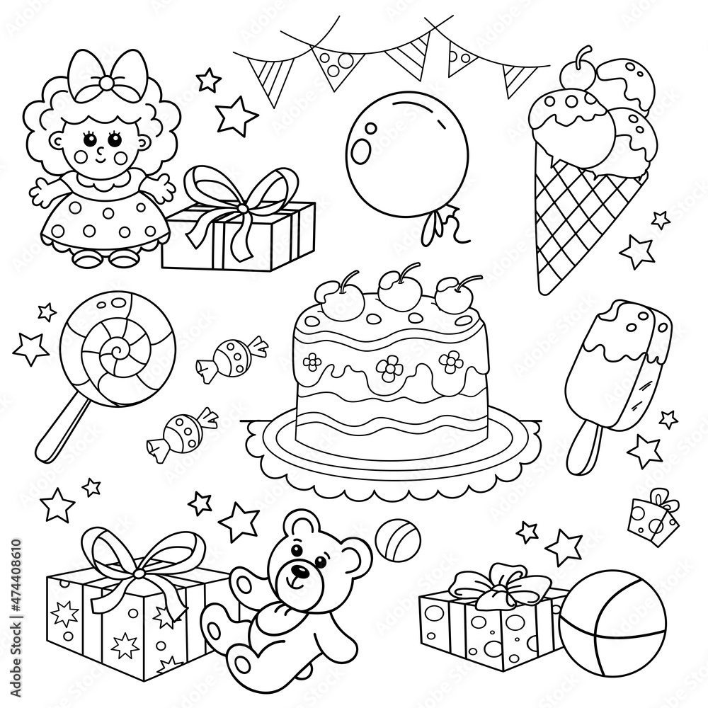 Coloring page outline of holiday gifts with toys with cake candy and ice cream set for children birthday coloring book for kids vector