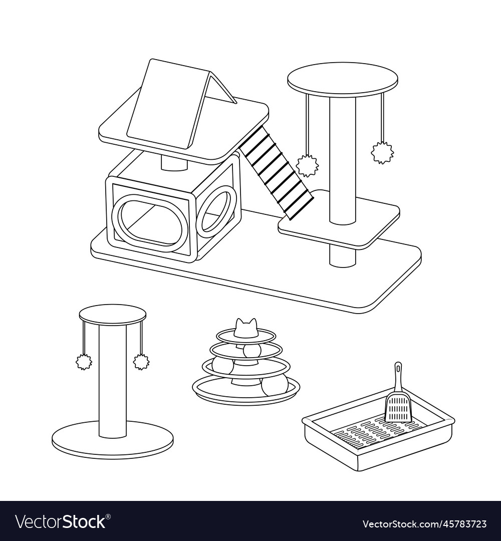 Cat tower toys and litter box coloring page vector image