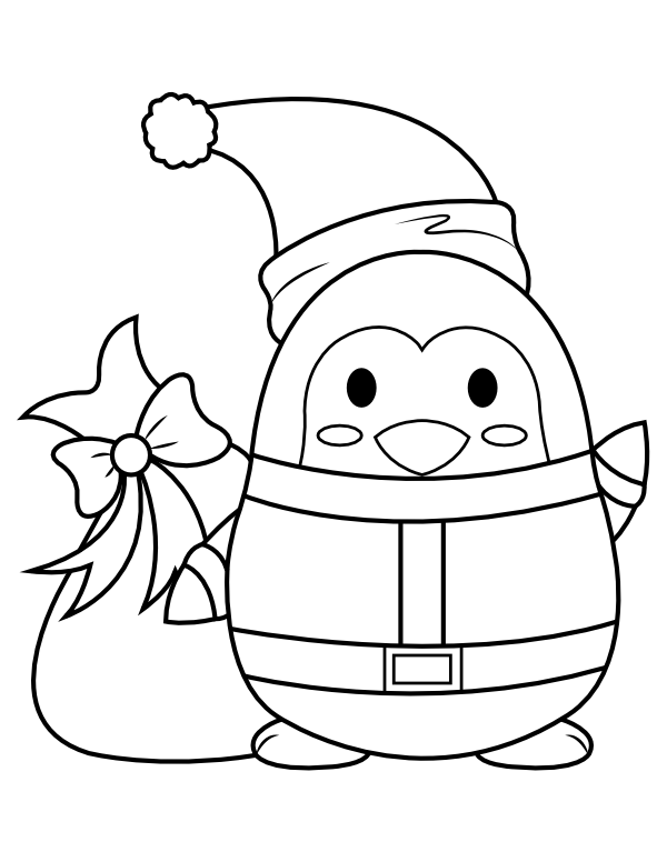 Printable christmas penguin with a bag of toys coloring page