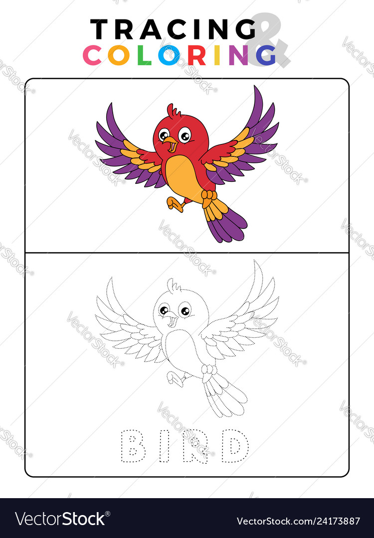 Funny bird tracing and coloring book with example vector image