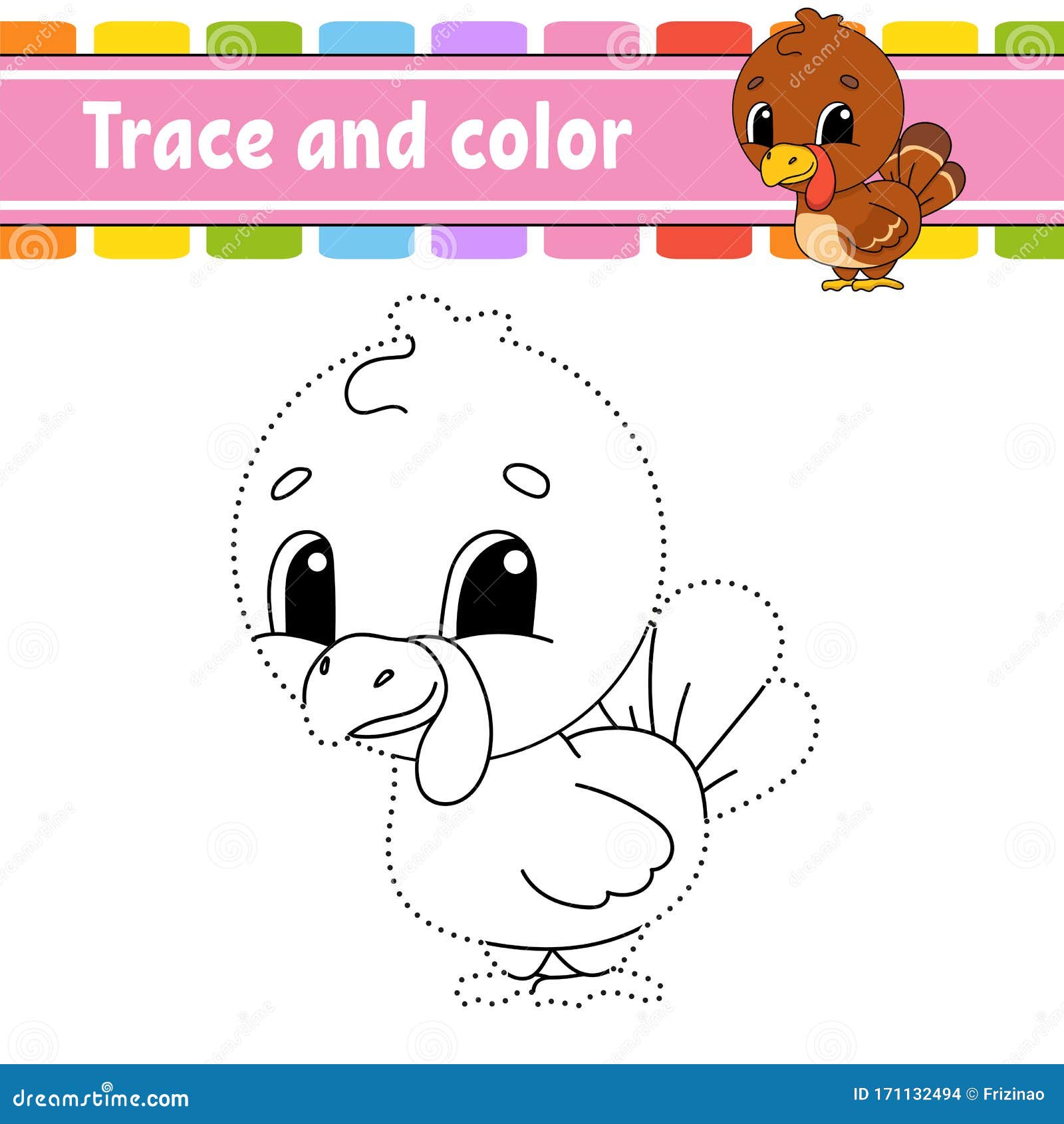 Trace and color turkey bird coloring page for kids handwriting practice education developing worksheet activity page stock vector