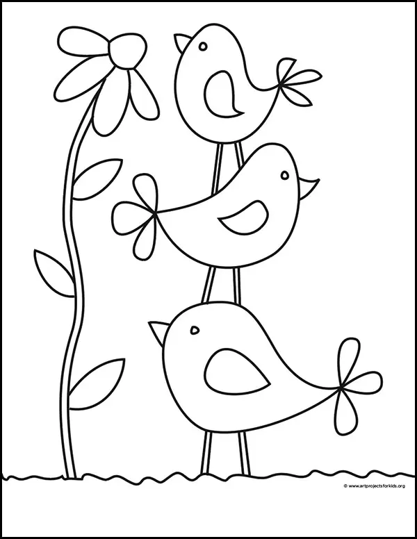 Easy how to draw simple birds tutorial video and coloring page