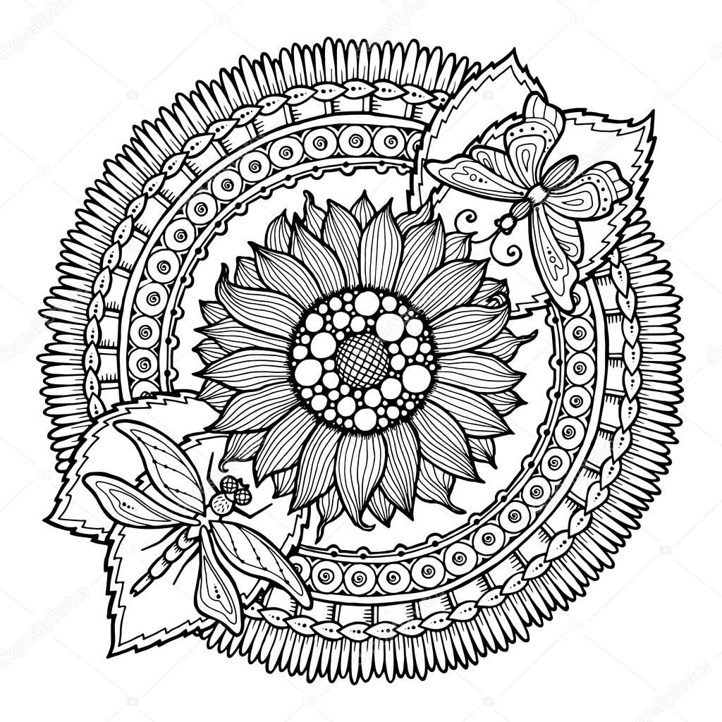 Circle summer doodle flower ornament hand drawn art mandala made by trace from sketch black and white ethnic background zentangle pattern for coloring book for adults and kids stock vector by juliasnegireva