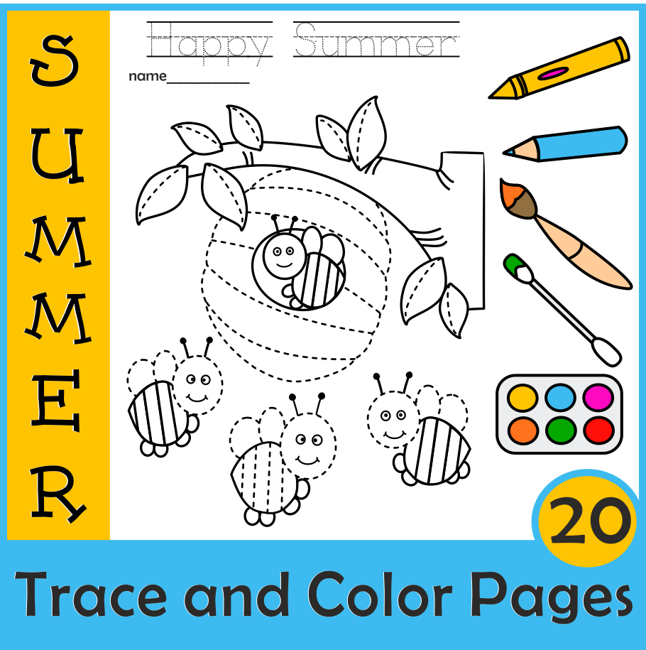 Summer trace and color pages fine motor skills pre