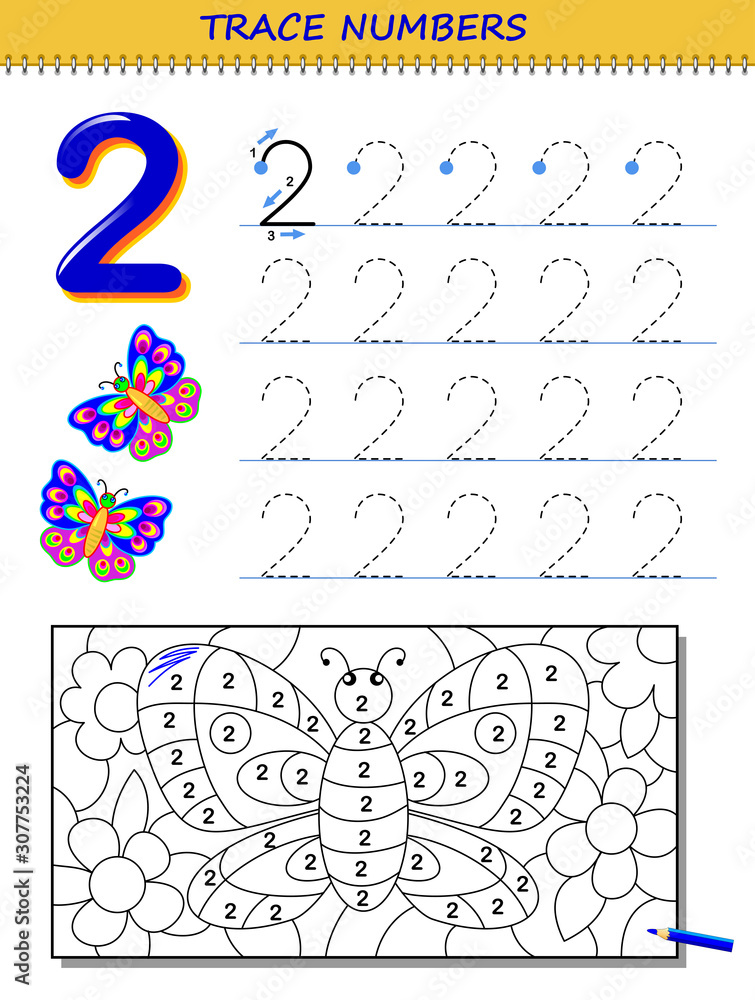 Vecteur educational page for kids with number printable worksheet for children textbook developing skills of counting writing and tracing baby coloring book back to school vector image