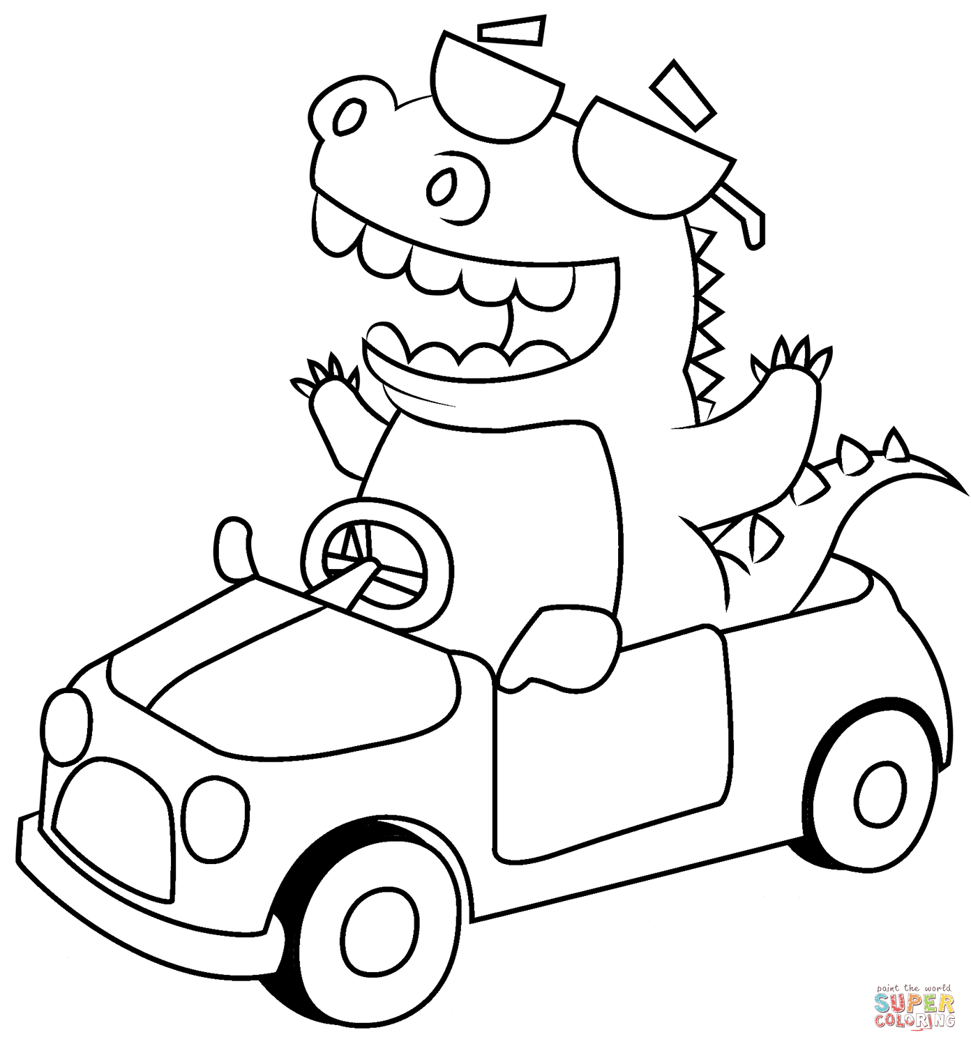 Dino in a car coloring page free printable coloring pages