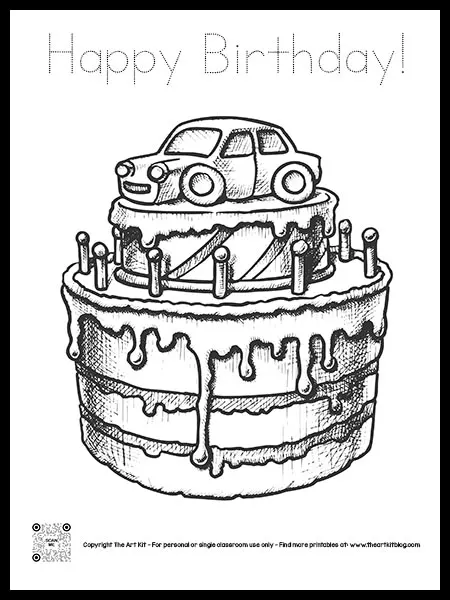 Free printable birthday cake coloring page with car cursive font â the art kit