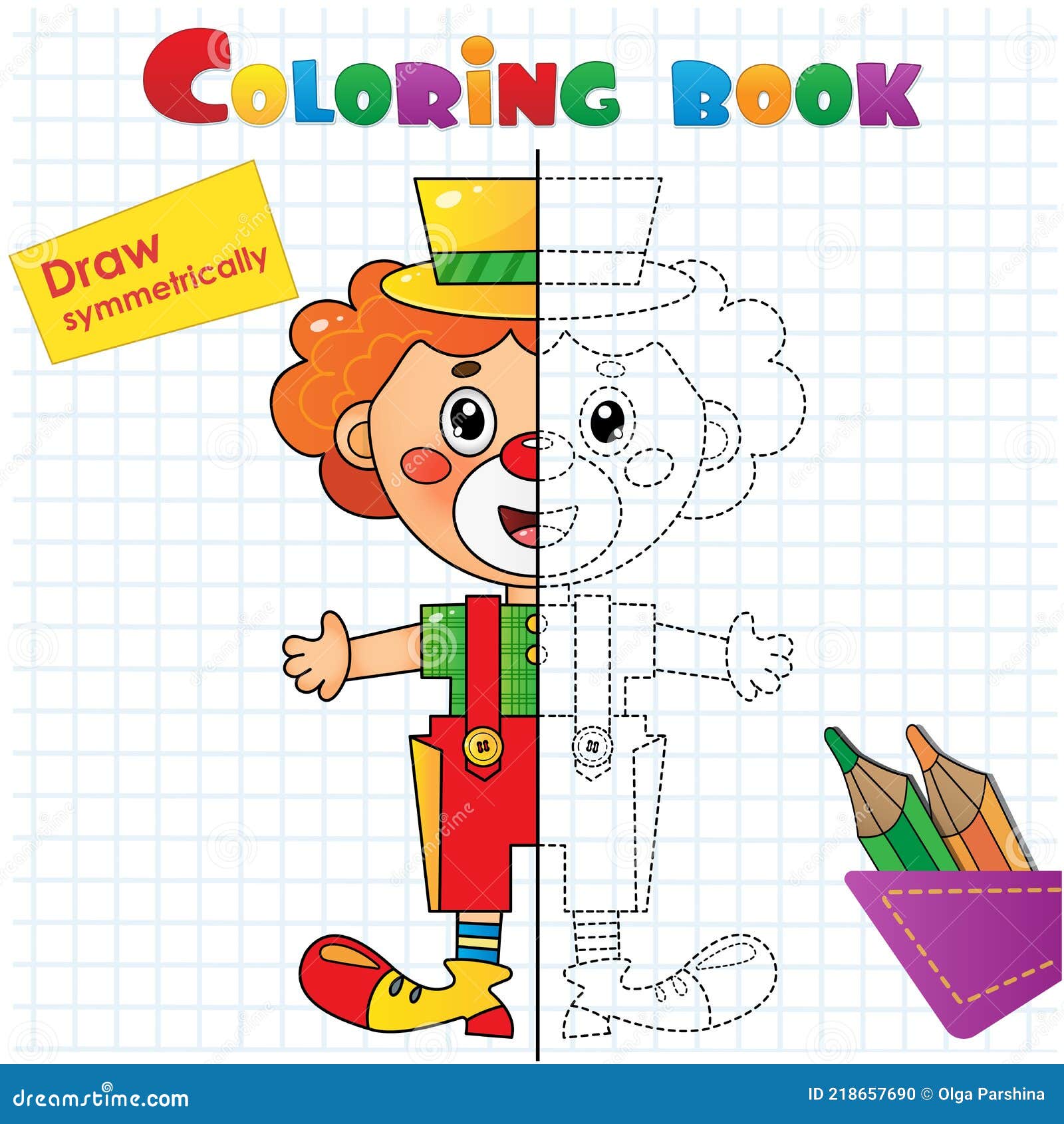 Draw symmetrically connect the dots picture tracing worksheet coloring page outline of cartoon circus clown stock vector