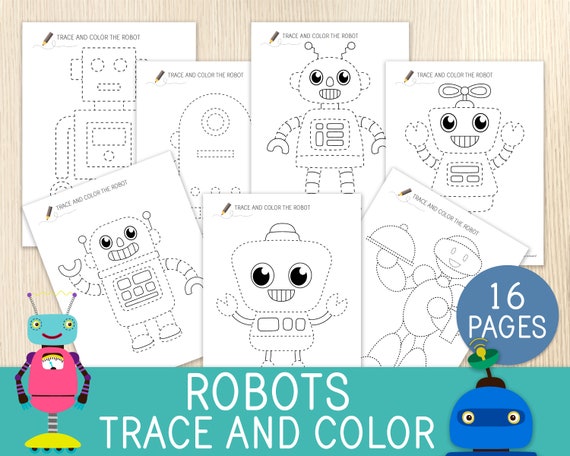 Robots trace and color worksheets coloring pages tracing practice preschool kindergarten fine motor skills robots birthday party