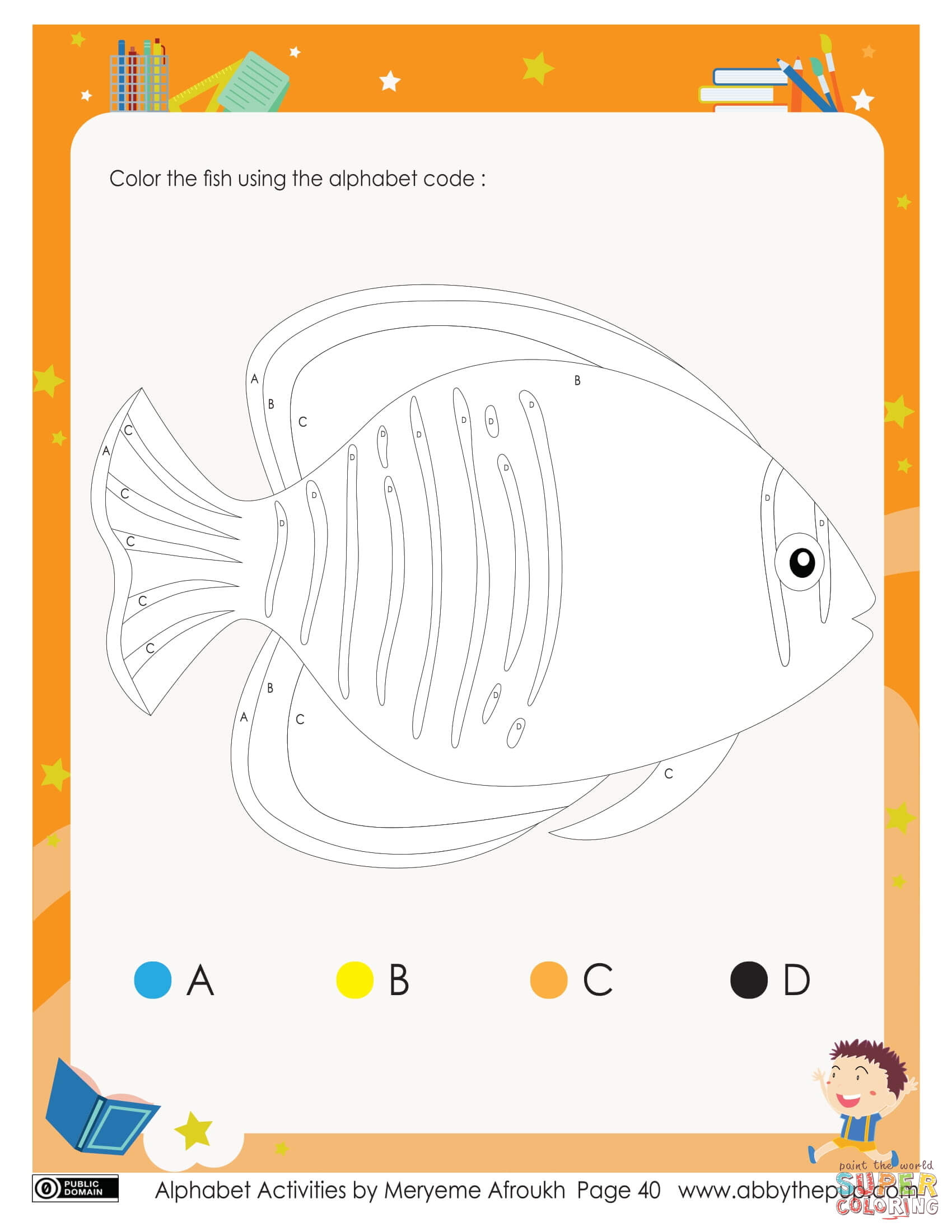 Color the fish using the alphabet code free printable coloring pages