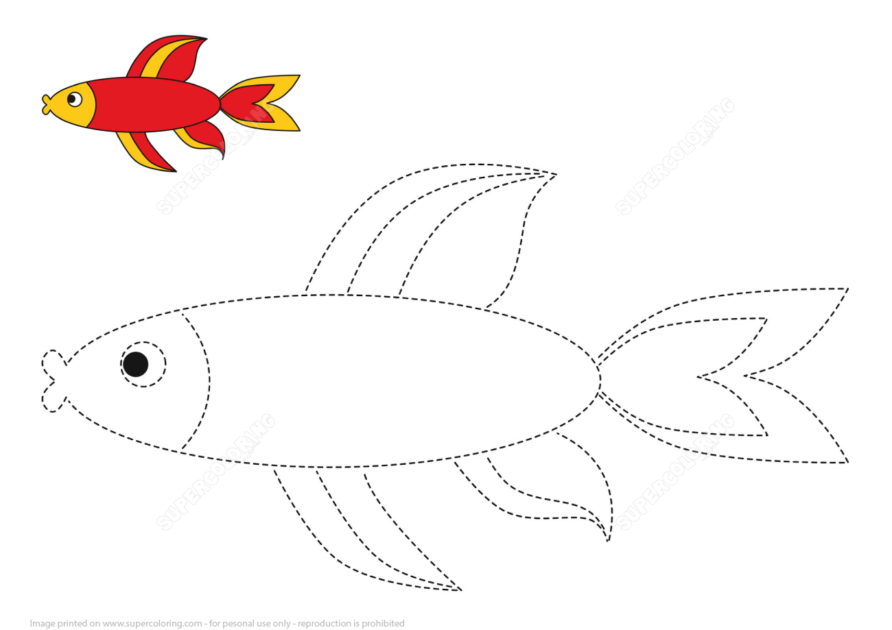 Trace and color red fish free printable puzzle games