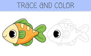 Premium vector trace and color coloring book with fish for kids coloring page with cartoon fish vector illustration