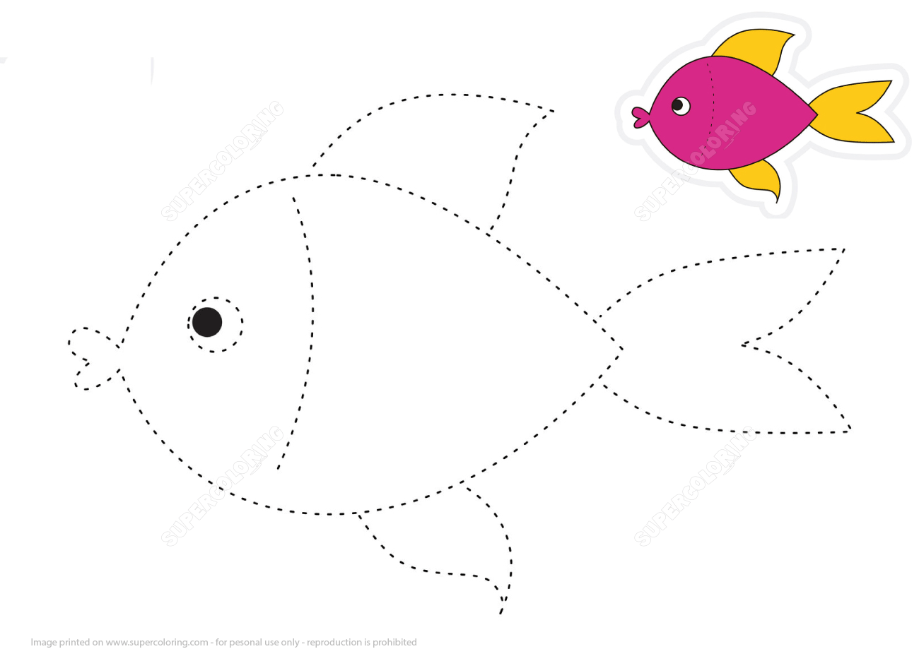 Trace cartoon pink fish and color the picture free printable puzzle games