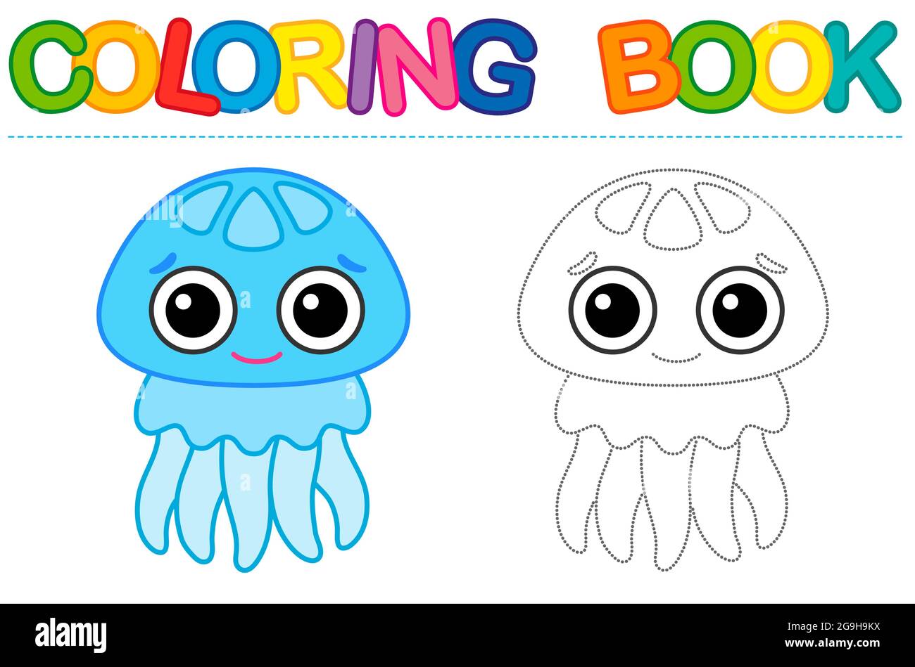 Coloring page cartoon smiling blue jellyfish educational tracing coloring book for childrens activity stock vector image art