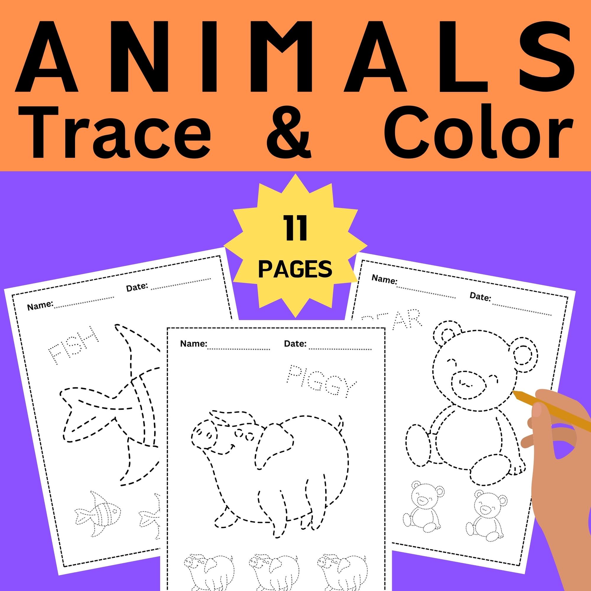 Trace and color the animals preschool worksheet