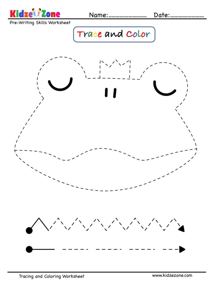 Frog cartoon trace and color worksheet