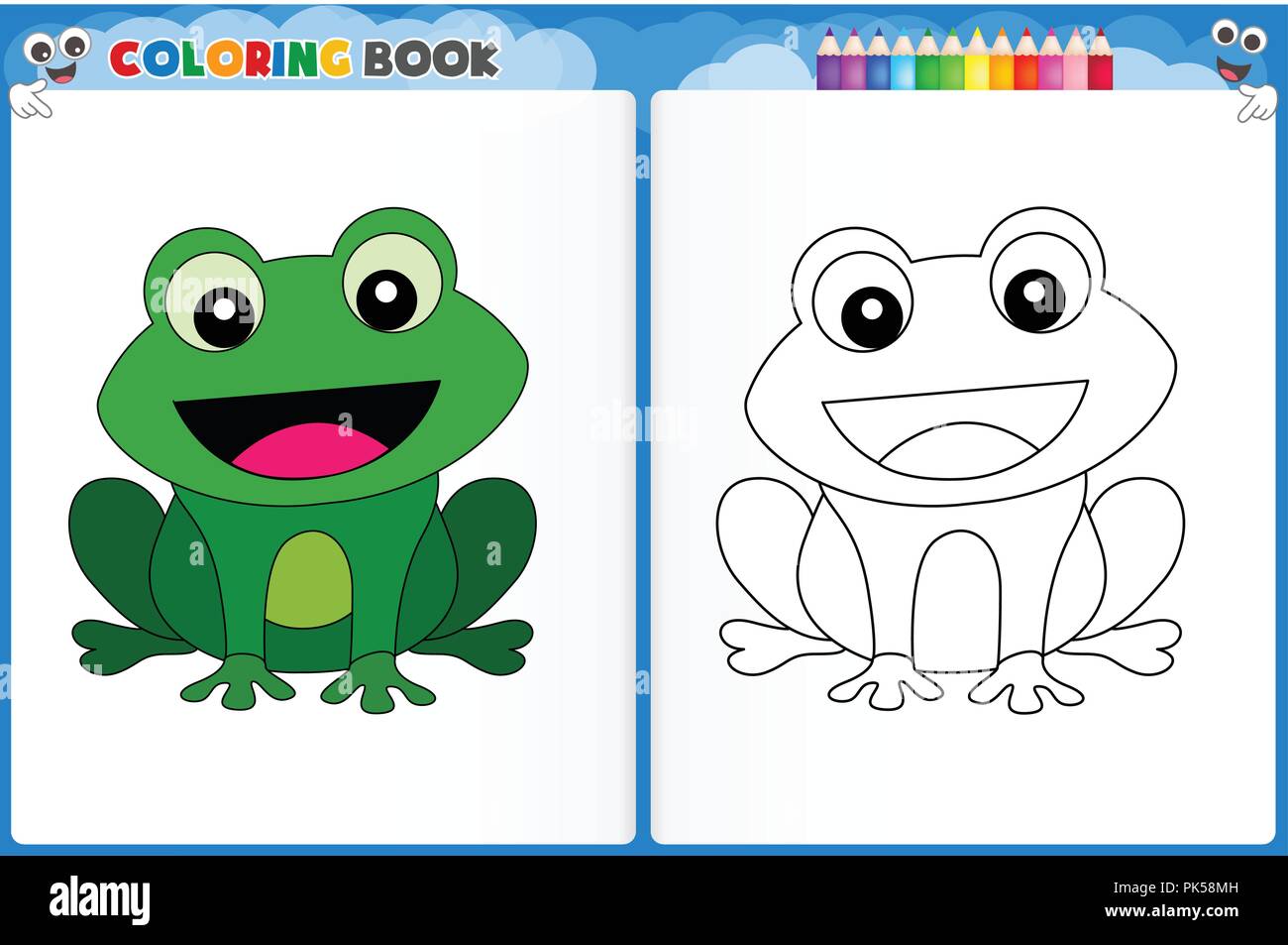 Coloring page cute frog with colorful sample printable worksheet for preschool kindergarten kids to improve basic coloring skills stock vector image art