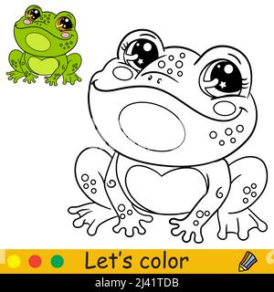 Coloring page cute frog with colorful sample printable worksheet for preschool kindergarten kids to improve basic coloring skills stock vector image art