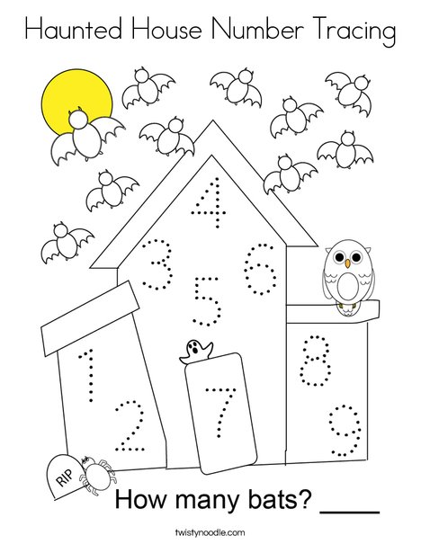 Haunted house number tracing coloring page