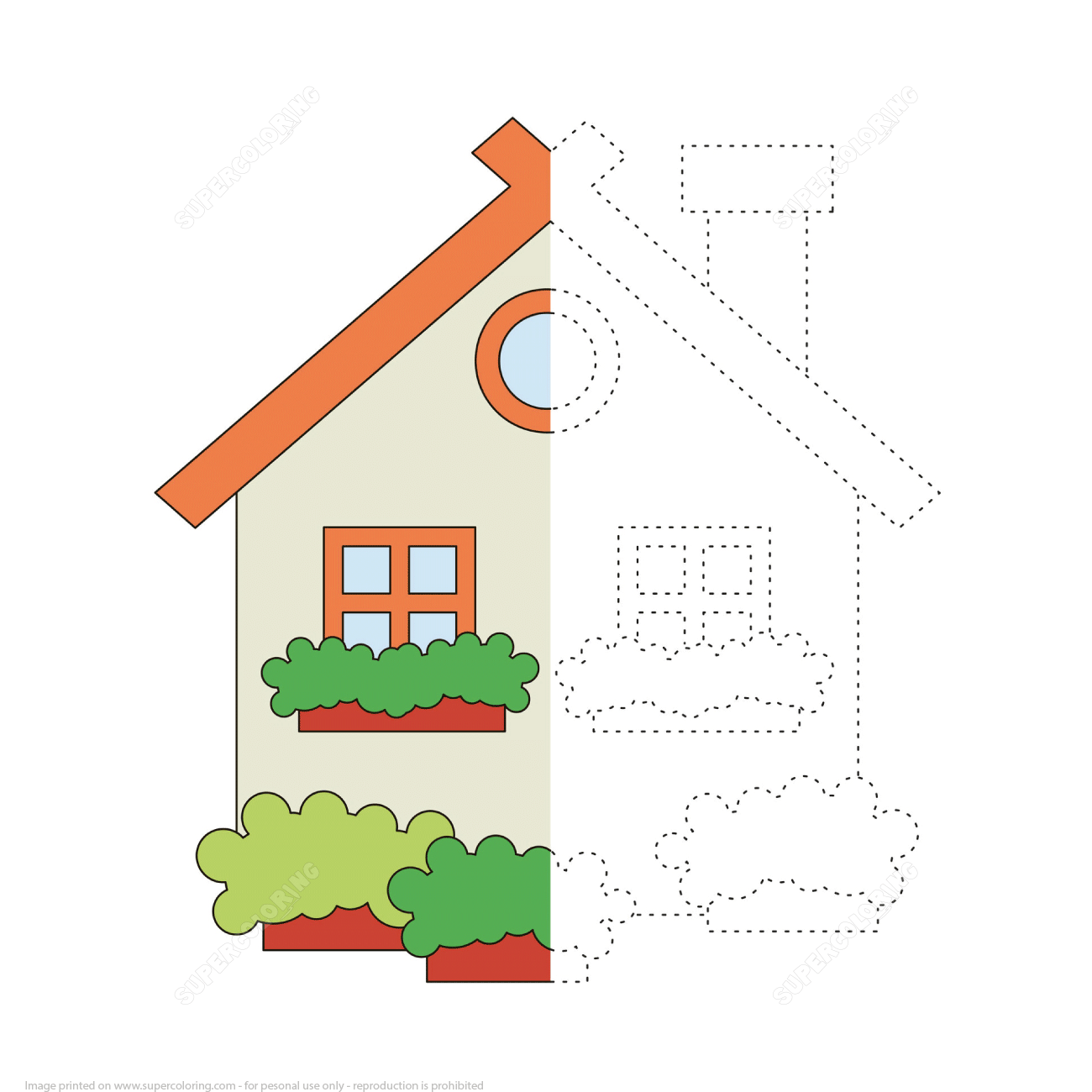 Trace and color a house free printable puzzle games